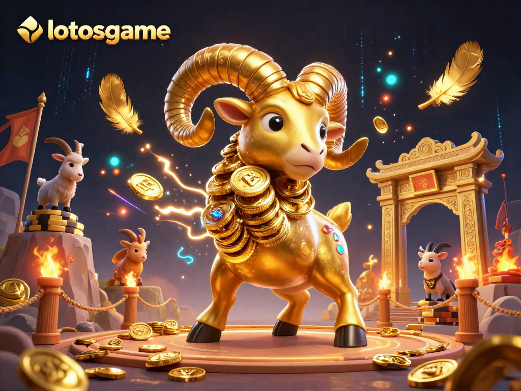 Engage with lotosgame's thrilling universe featuring a golden ram amid swirling gold elements.