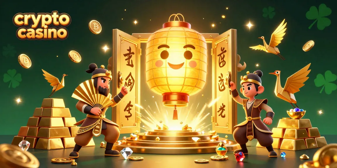 Disfruta de la experiencia de un crypto casino con personajes y símbolos de fortuna en un entorno vibrante.