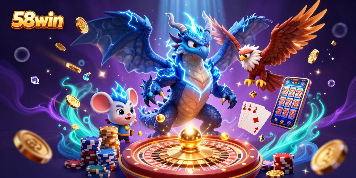 Engage with 58win in an electrifying 3D casino scene packed with vibrant game elements.