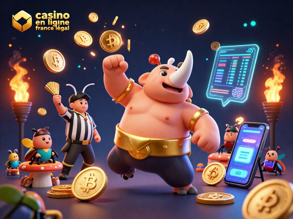 Un champion sumo rhinocéros et un arbitre cricket dans un casino en ligne légal en France, entourés de pièces crypto<br>