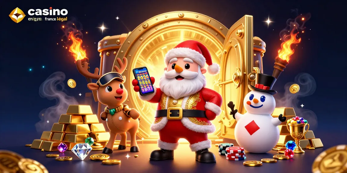 Profitez des jeux dans un casino en ligne légal en France avec l'illustration du Père Noël et ses amis.