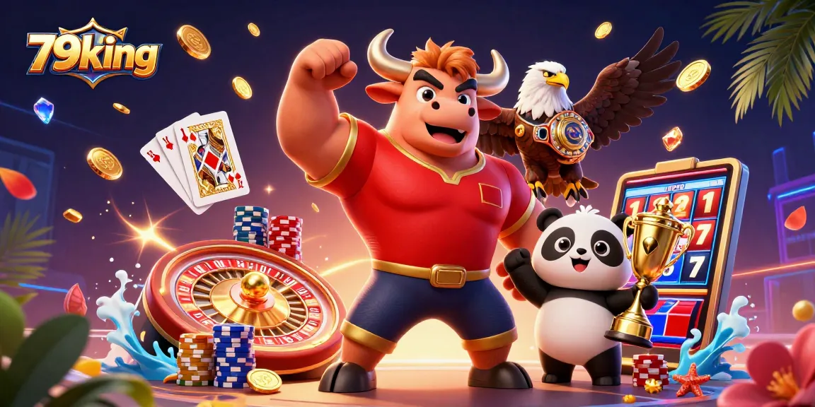 Engage with 79king's vibrant 3D illustration of a victorious bull, eagle, and panda in a rich casino atmosphere.