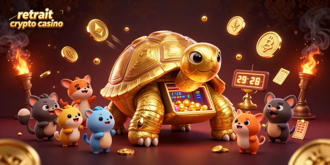 Retrait crypto casino : Illustration d'une tortue géante en or, machine à pinball captivante et légères pièces d'or.