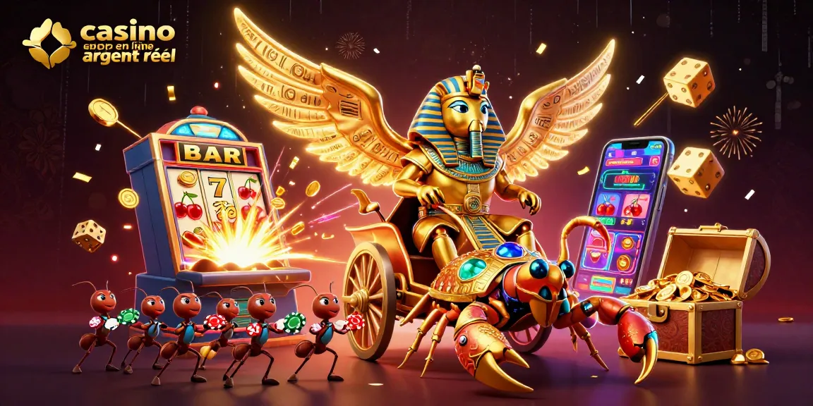 Visuel dynamique d’un scarabée doré en armure pharaonique dans un casino en ligne argent réel.