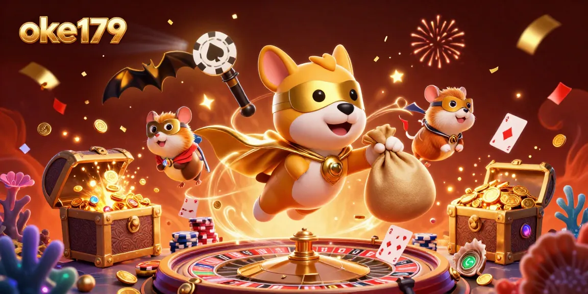 Experience excitement at oke179 with a golden superhero dog, poker-themed elements, and festive confetti.