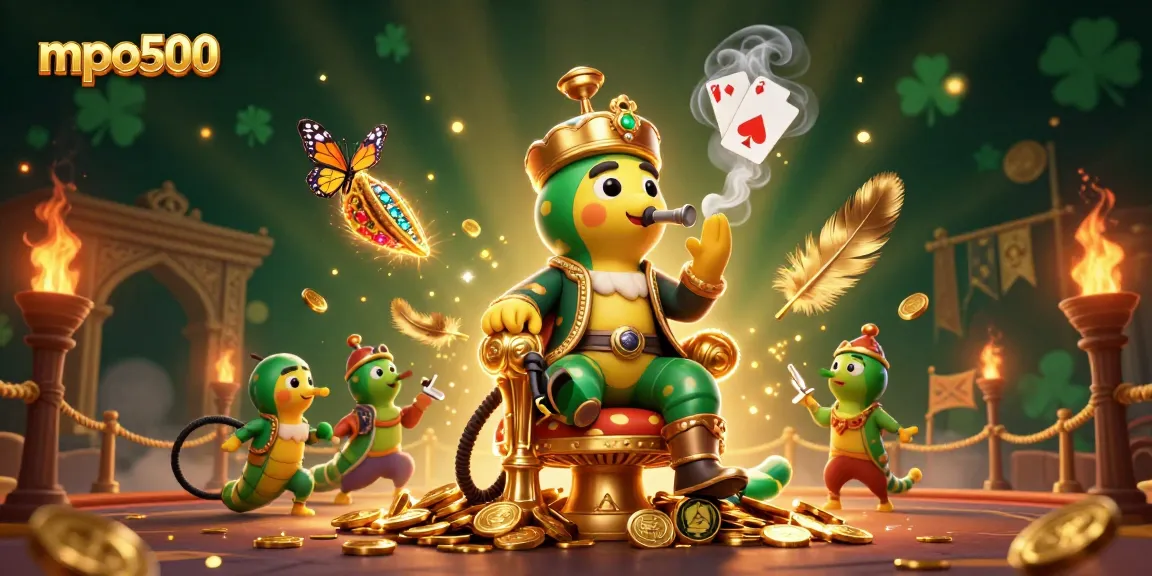 Bet on mpo500 with 3D characters in a lively casino environment featuring poker symbols and vibrant visuals.
