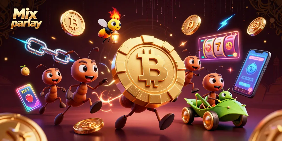 Experience the thrill of Mix parlay with cartoon ants on a heist, showcasing glimmering poker chips and vibrant casino elements.
