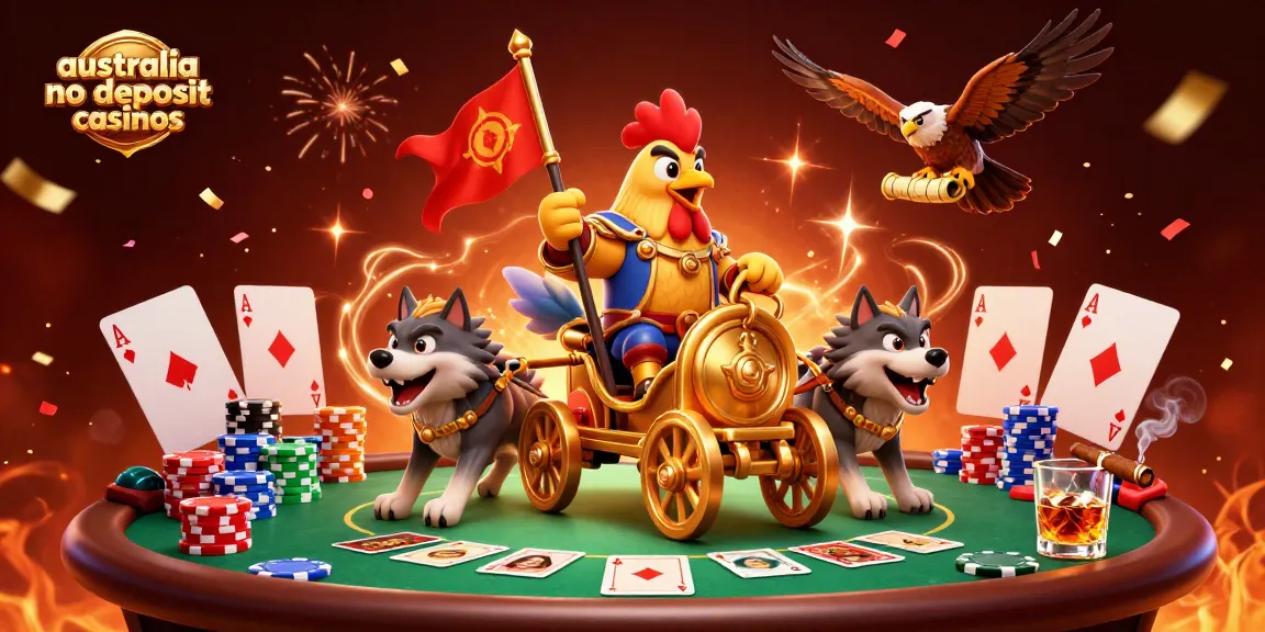 Experience the excitement of australia no deposit casinos with a lively 3D illustration of unique casino elements.