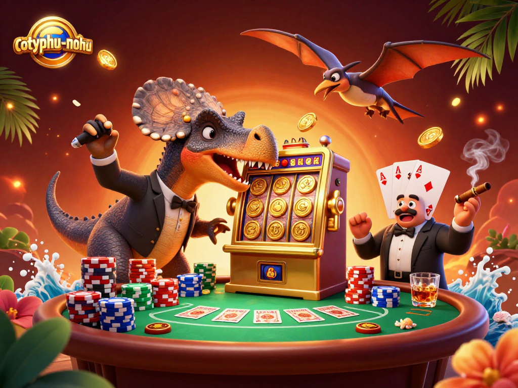 Cotyphu-nohu slot machine jackpot with animated dinosaur characters in a vibrant casino scene.