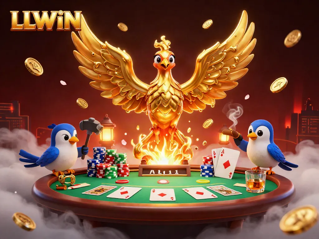 Engage with the colorful gold-dripping phoenix mascot of LLWIN at an animated poker table in immersive 3D.