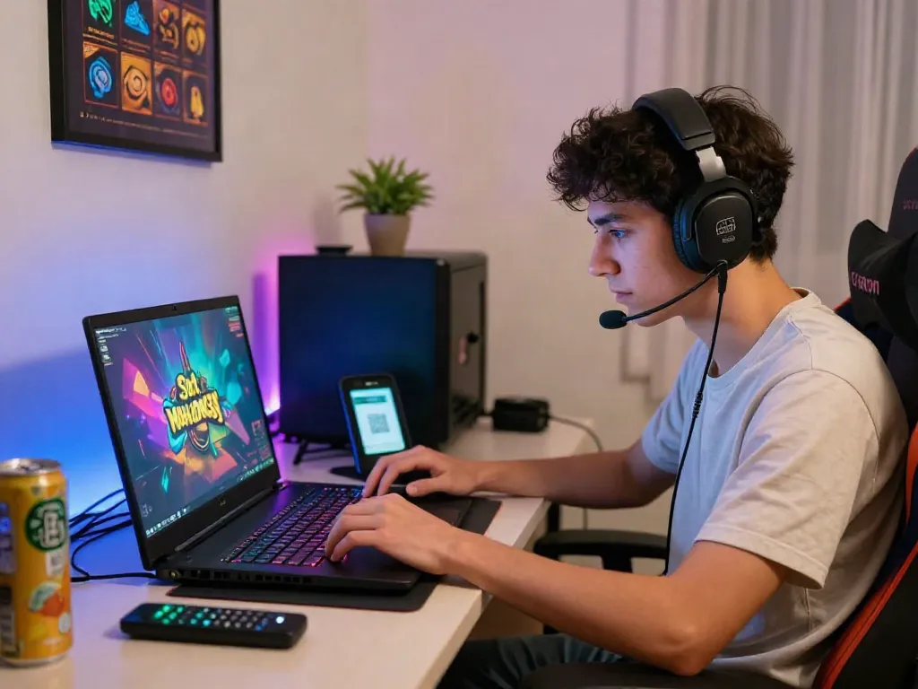 Engaged gamer enjoying Slot MAHJONGJP88 on a gaming laptop with QRIS payment visible