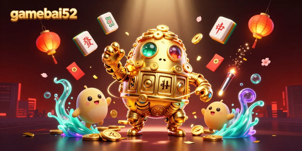 Engage with the gamebai52 experience featuring a golden golem amidst vibrant casino elements for a thrilling adventure.