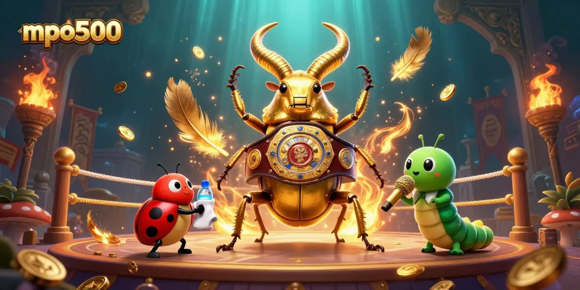 Experience the excitement of mpo500 in a 3D cartoon casino showdown featuring a golden stag beetle and friends.