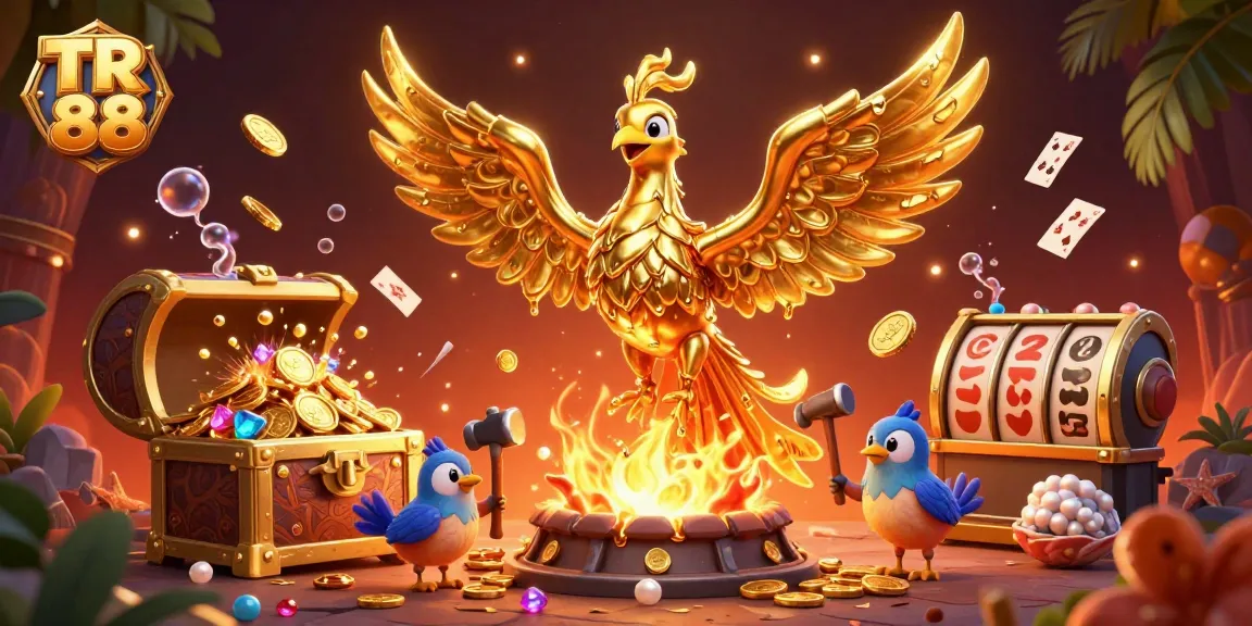Join the excitement at TR 88 with golden phoenixes and slot reels exploding with coins.