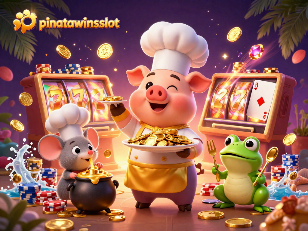 Experience the excitement of pinatawinsslot with lively characters amidst cascading coins and colorful slots.