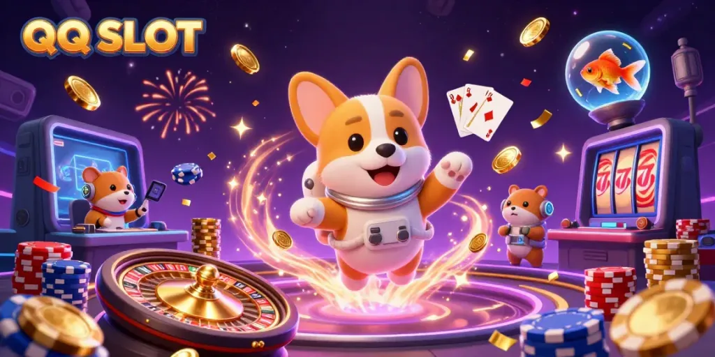 Experience the thrilling QQ SLOT adventure with vibrant 3D characters and casino elements in this captivating illustration.