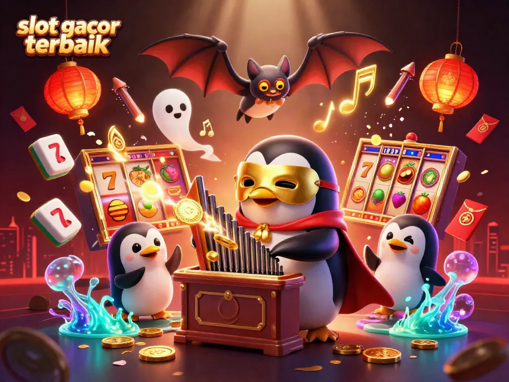 Slot gacor terbaik menampilkan ilustrasi kasino dengan penguin dan koin emas meluncur.