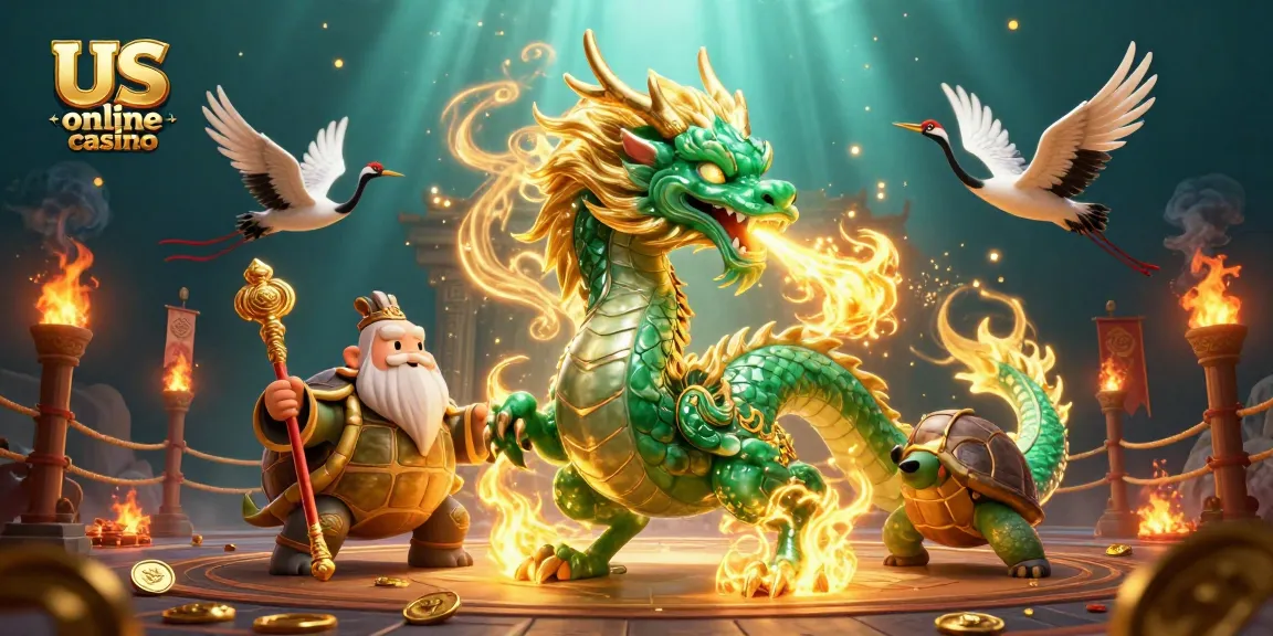 Experience the thrill of us online casino with a vibrant 3D scene featuring a jade dragon and lucky cranes.