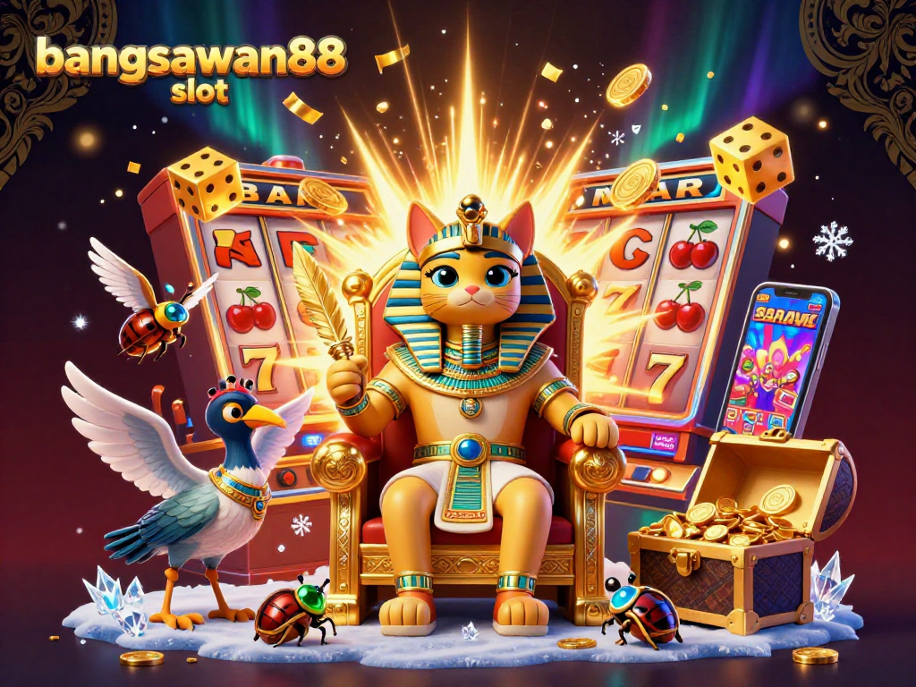 Engage with the bangsawan88 slot for exciting wins with a dynamic casino illustration featuring vibrant characters and a jackpot