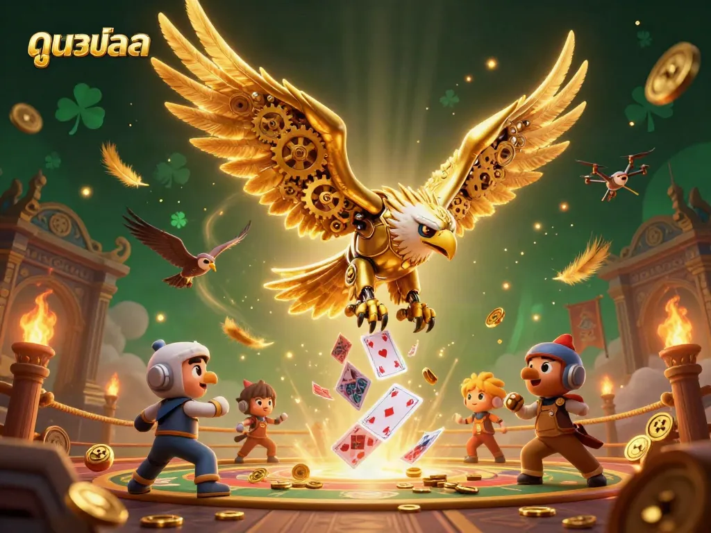 Experience the excitement of ดูบอลสด with a cybernetic eagle diving through cards in a captivating gambling scene.