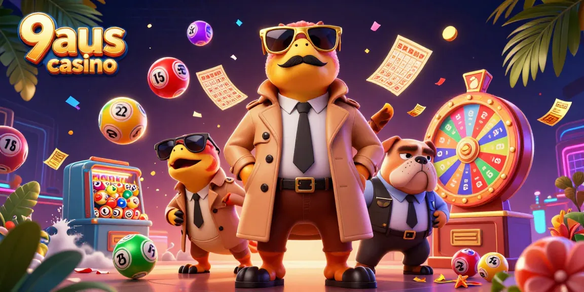 Feel the thrill at 9aus casino as raptors cleverly disguise themselves to enter a VIP lounge with vibrant lottery and casino elements.