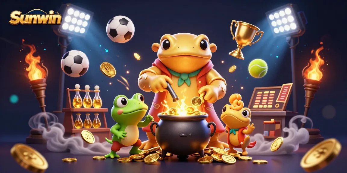 Experience winning strategies with Sunwin in an energetic casino scene featuring gold and sports elements.