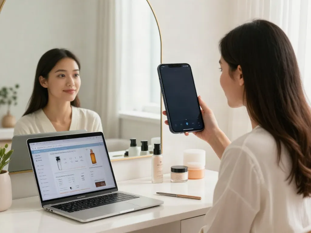 Woman using a beauty app for alternatives to QOVES, showcasing facial analysis.