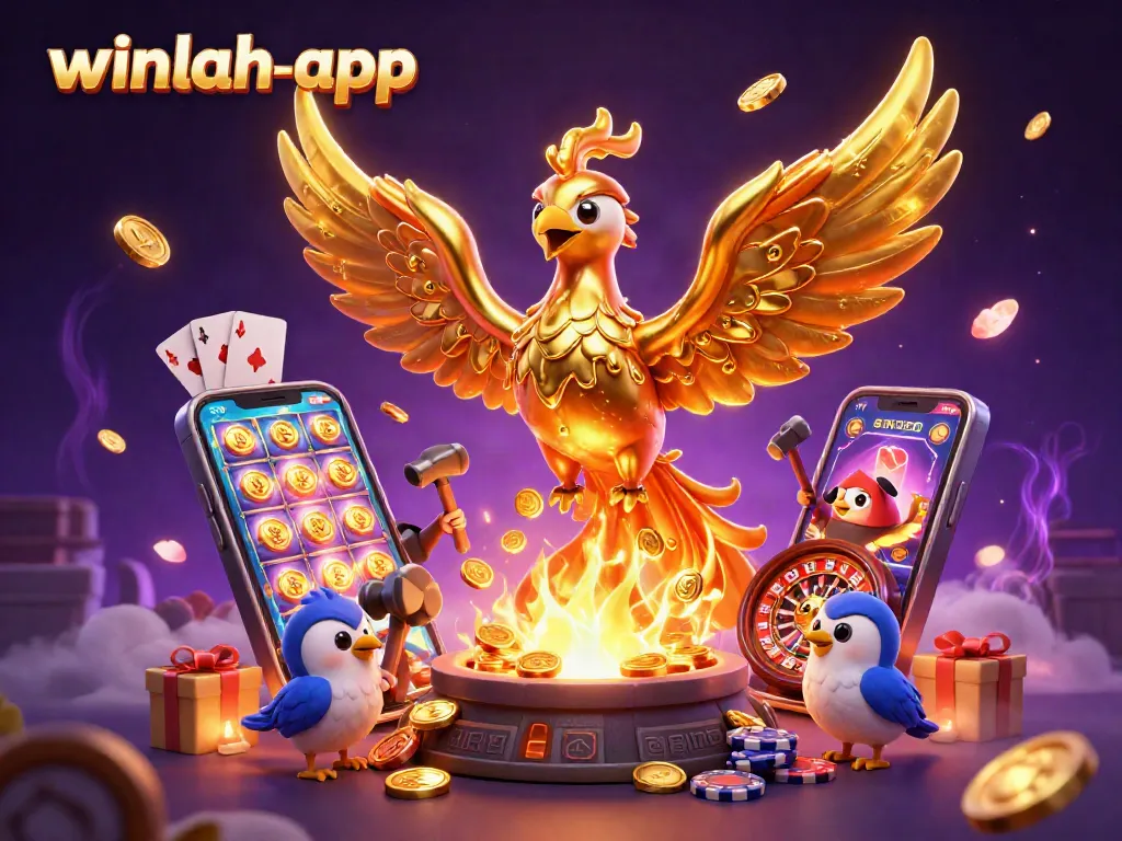Winlah-app showcases a spectacular gaming scene featuring a molten metal phoenix amidst vibrant casino elements.