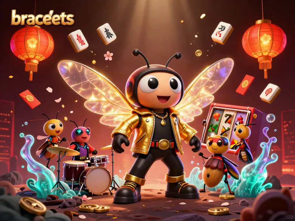 Experience vibrant bracelets design with a dynamic casino scene featuring a cicada rock star and slot reels.