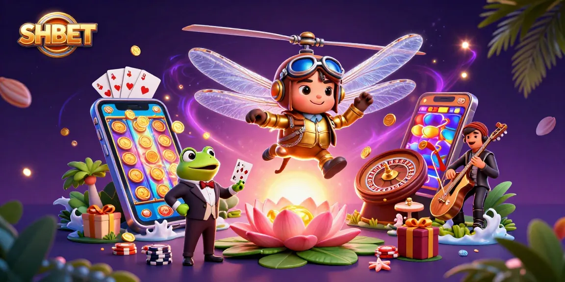 Experience SHBET casino thrills with animated characters and vibrant slot games in a magical scene.