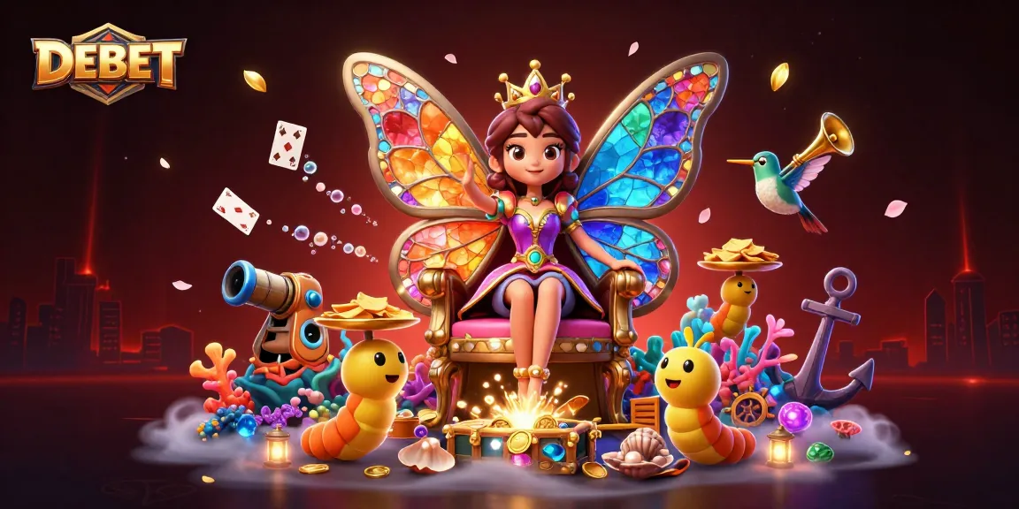 DEBET showcases a vibrant 3D scene featuring a queen, caterpillars, and a treasure chest bursting with gems.