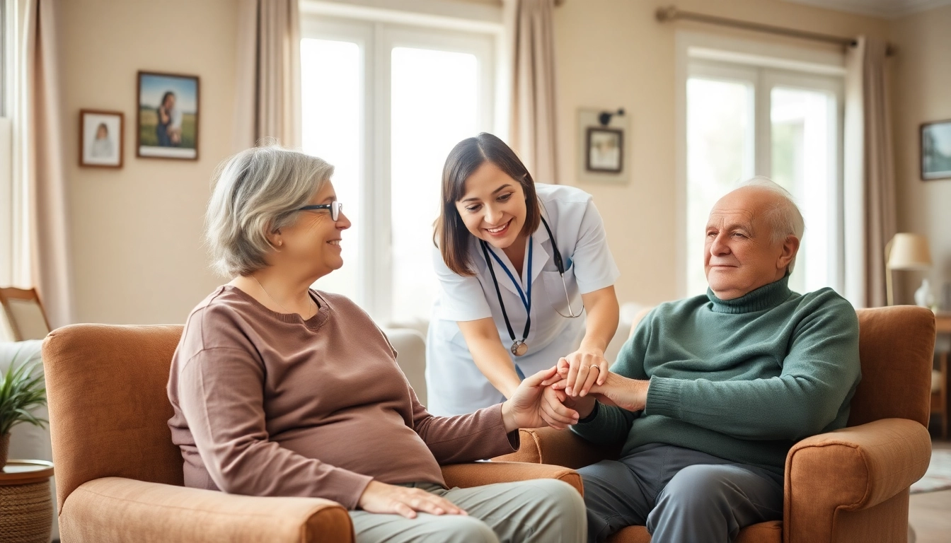 Offering home help for dementia patients, a caregiver interacts compassionately with an elderly man.