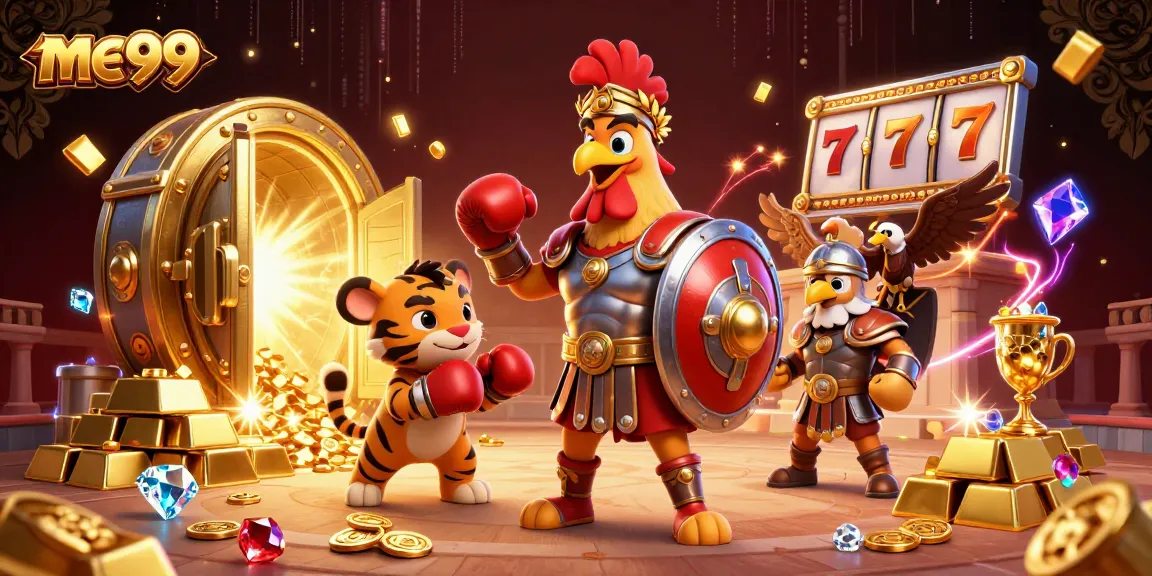 Experience the thrilling action at me99 with a vibrant 3D gladiator rooster amidst sparkling treasures.