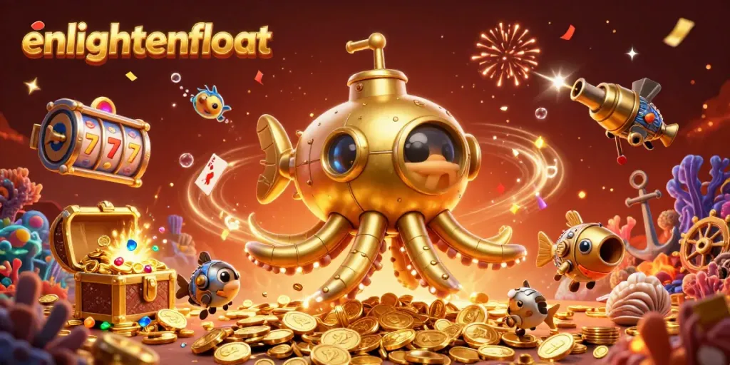 Experience the thrill of enlightenfloat's golden kraken submarine amidst slot reels and treasures, showcasing rich elements of online gaming.