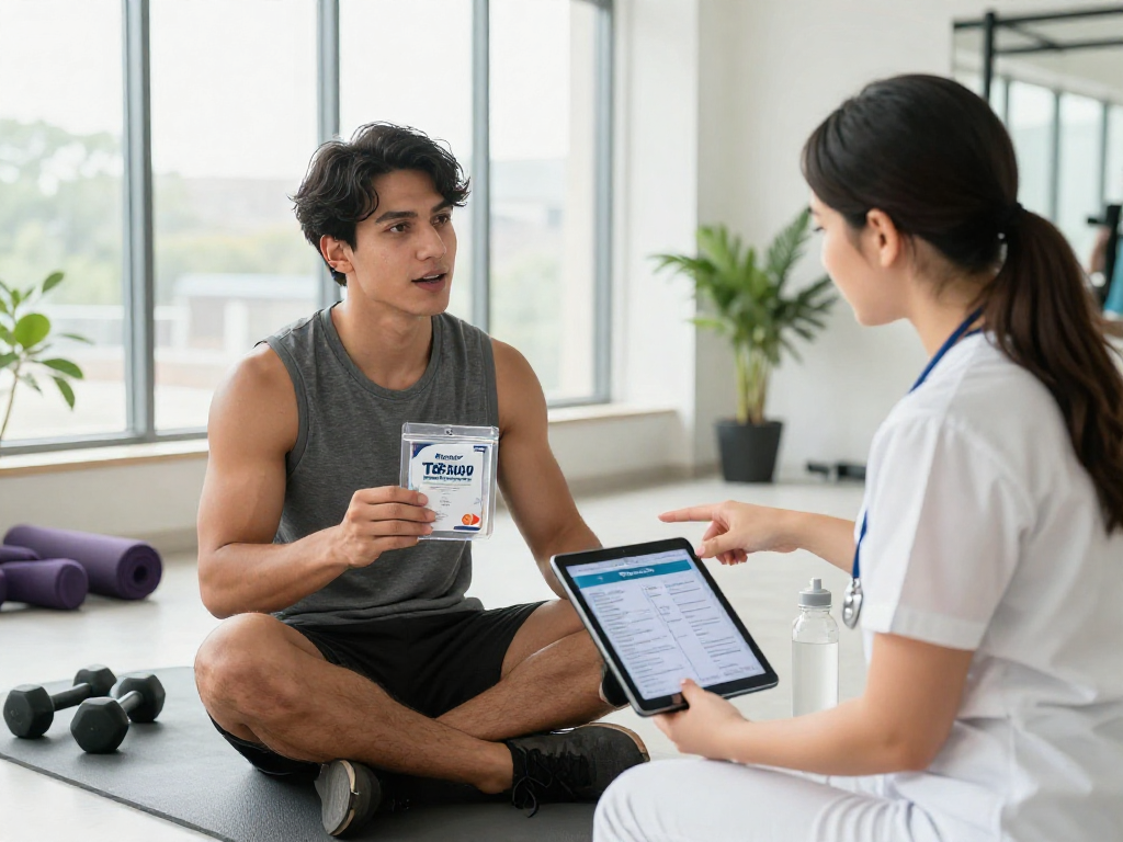 Discussion on TB 500 benefits with a nutritionist in a modern gym environment.