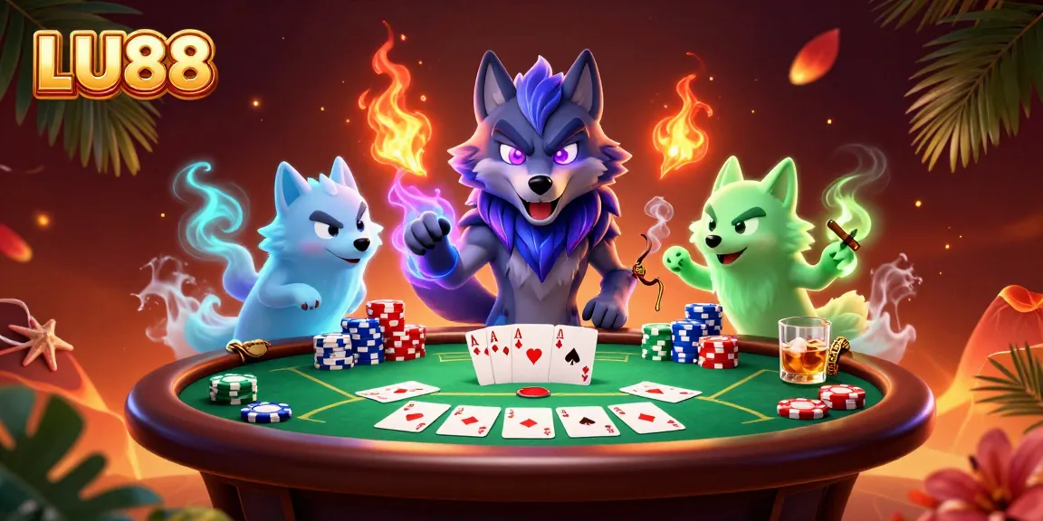 Experience thrilling poker action with LU88's dynamic ghostly wolf scene, showcasing vibrant game elements.