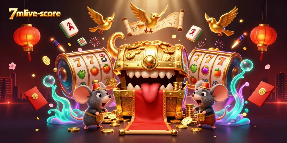 Bet on excitement with 7mlive-score featuring a golden treasure chest and slot reels in a vibrant 3D scene.