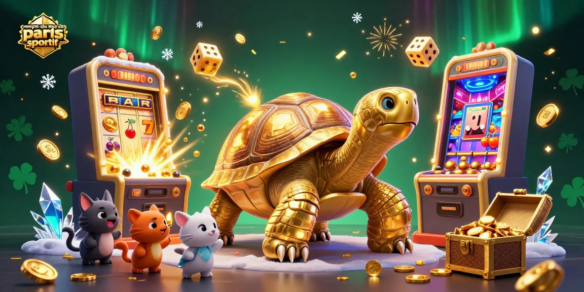 Visuel captivant illustrant la coupe du monde paris sportif avec une tortue dorée jeu de flipper, machine à sous et effets lumineux.