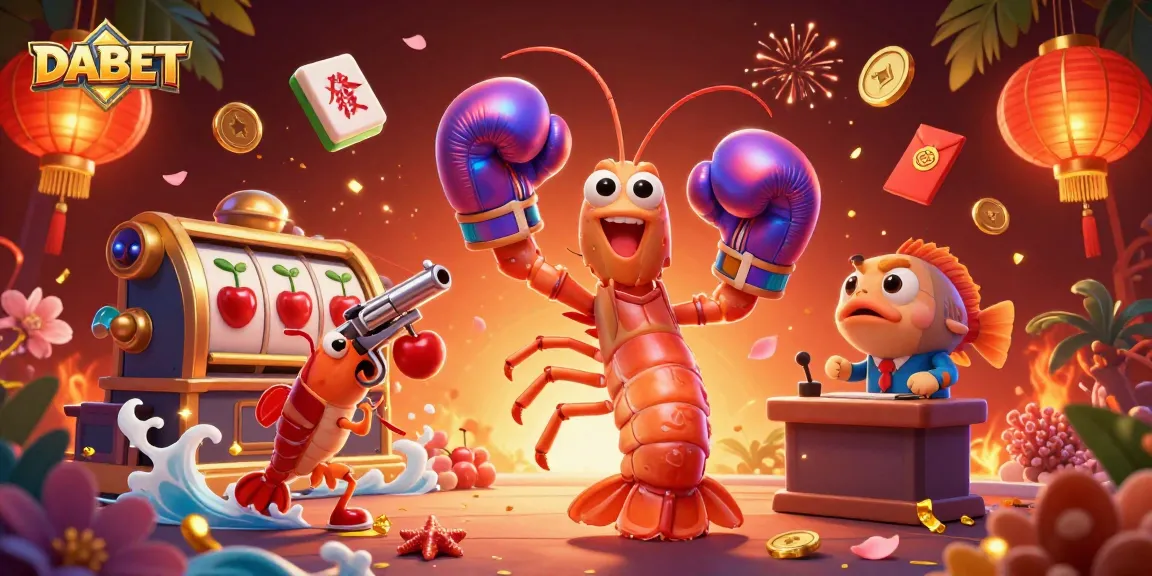 DABET's vibrant casino scene showcases animated characters and floating symbols of luck.