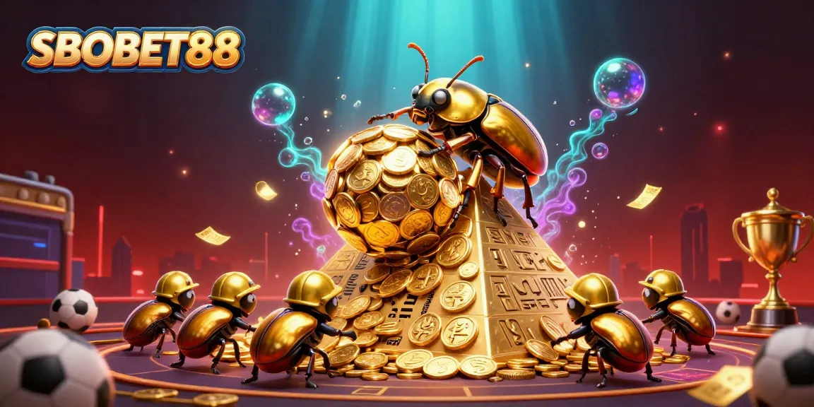 SBOBET88 memberikan pengalaman taruhan olahraga lengkap dengan simbol kasino dalam ilustrasi 3D.