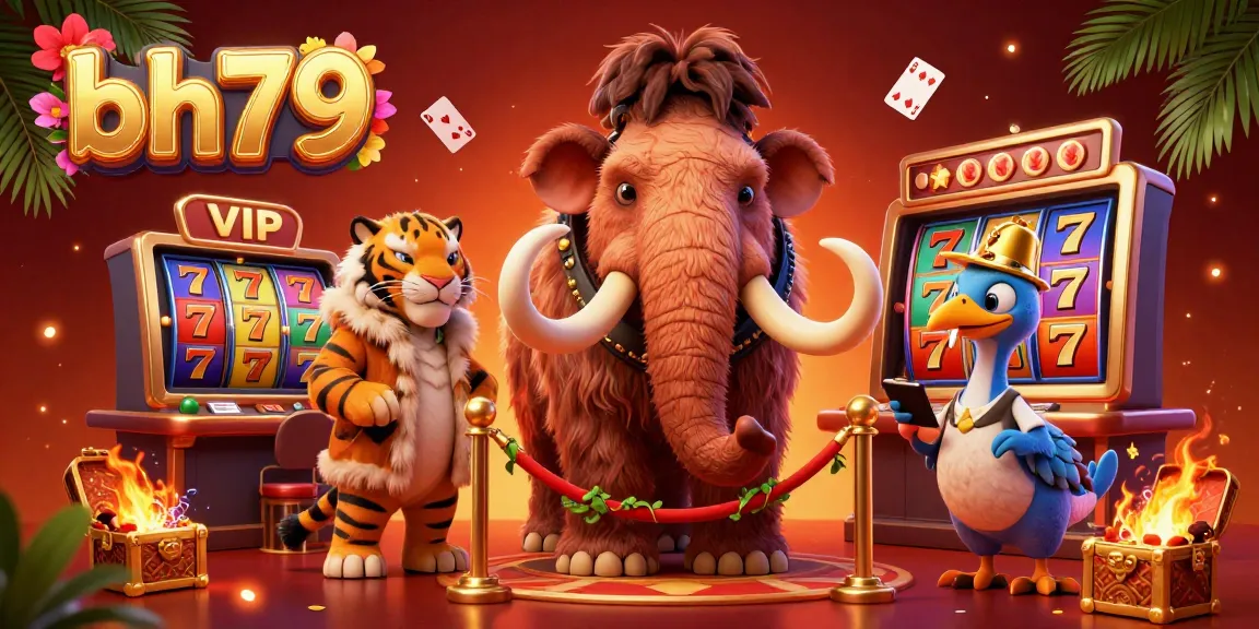 bh79 casino illustration showcasing a cartoon mammoth bouncer, tiger VIP guest, and dodo doorman.