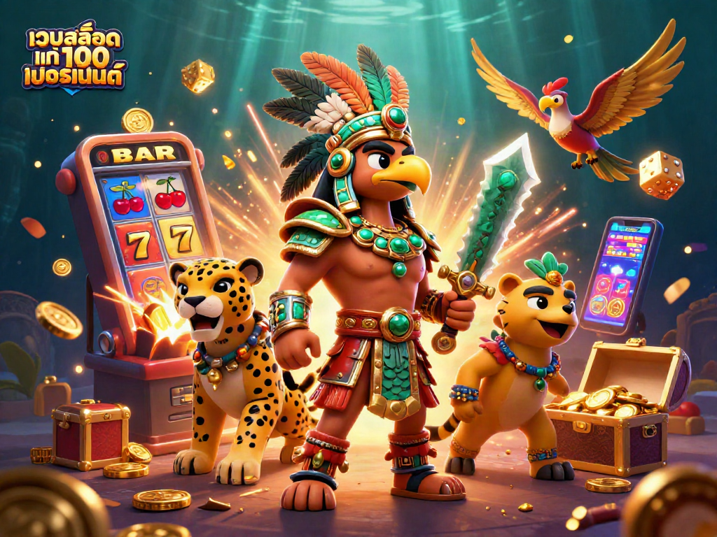 Engage in thrilling excitement with เว็บสล็อต แท้ 100 เปอร์เซ็นต์ as Aztec warriors and slot machines come alive in a vibrant 3D scene.