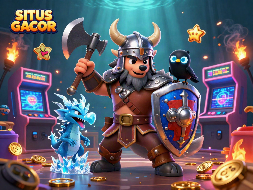 Engage with SITUS GACOR through a vibrant 3D scene of a Viking wolf warrior and exciting casino elements.