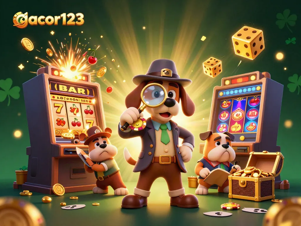 Experience gacor123 with a detective discovering unique casino elements amidst vibrant gaming excitement.
