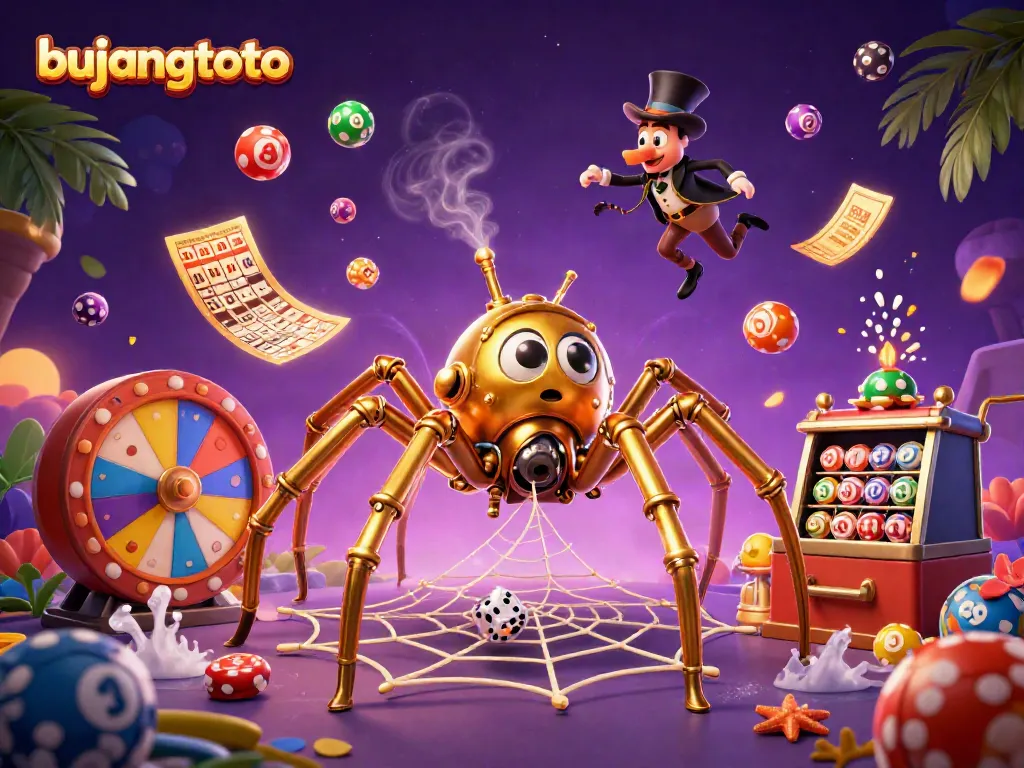 Experience thrilling gameplay at bujangtoto with a whimsical scene of lottery games and vibrant casino elements.