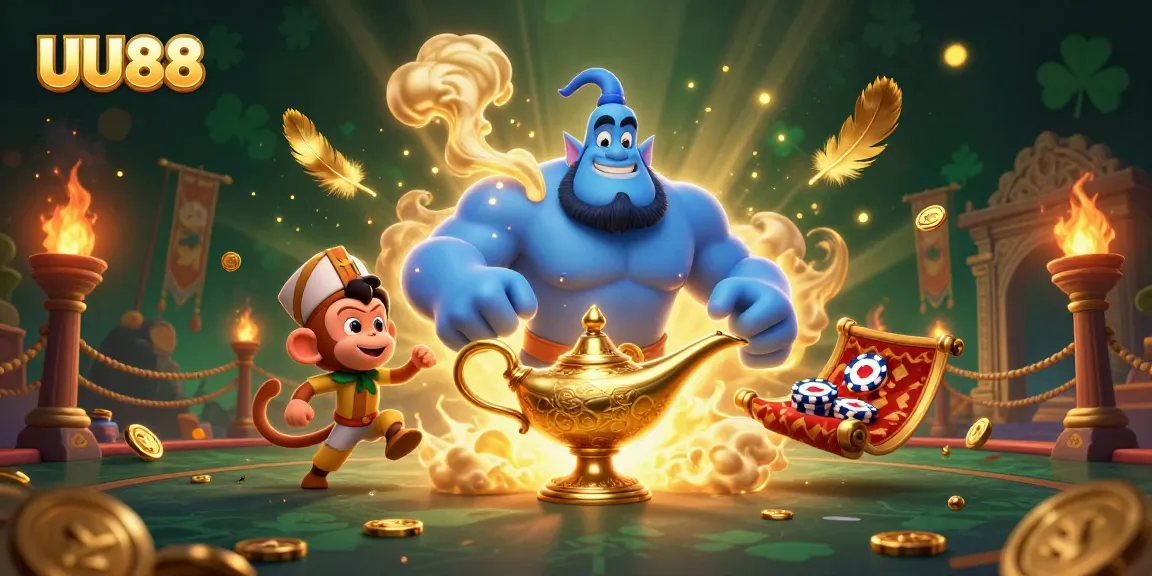 Experience thrilling games at UU88 with a vibrant illustration of a genie, monkey, and poker chips.