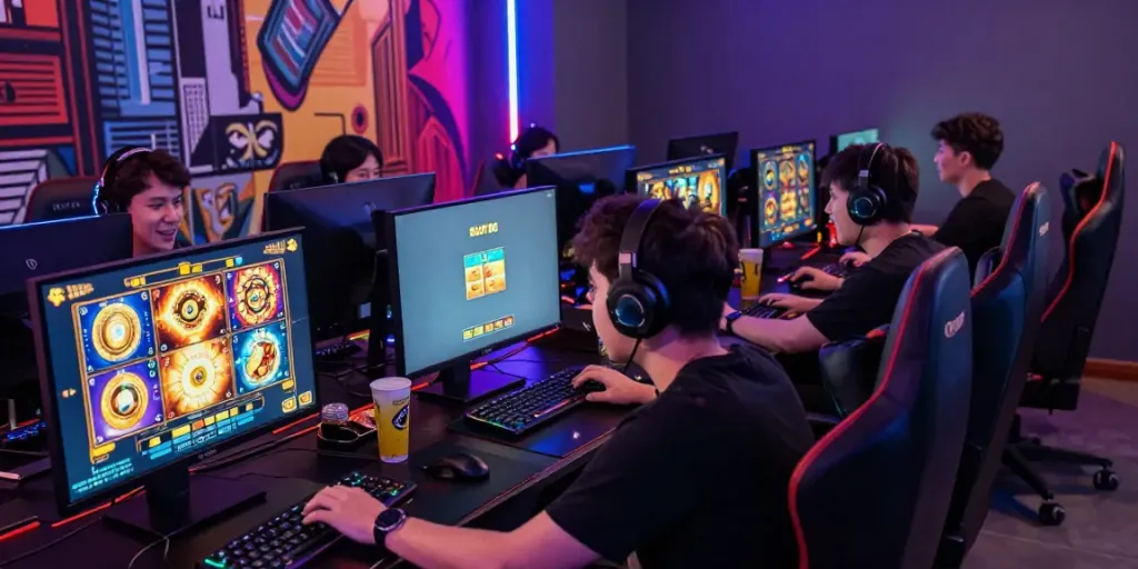 Engaged gamers exploring slot88 in a vibrant gaming lounge atmosphere.