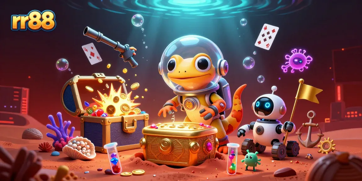 Experience thrilling gaming action at rr88 in a vibrant 3D casino illustration showcasing a Martian gecko and casino treasures.