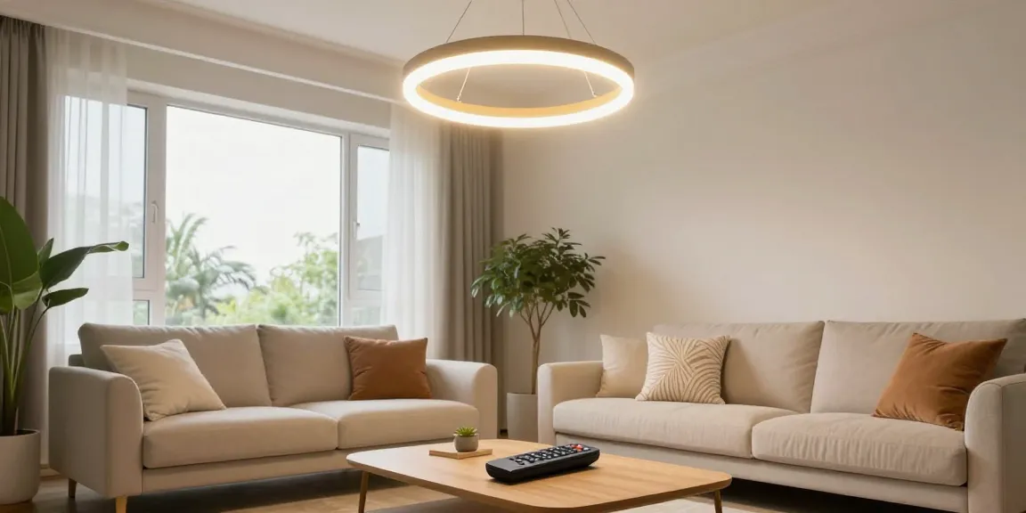 Lustra cu telecomanda suspendată în living modern, cu lumină naturală și plante decorative.