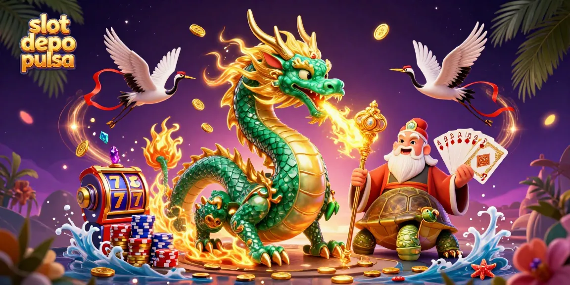 Experience thrilling wins with slot depo pulsa's epic casino illustration showcasing luck and fortune.